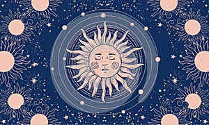 Mystical drawing for astrology or boho design, sun with a face on a blue background. Sacred geometry. Vector