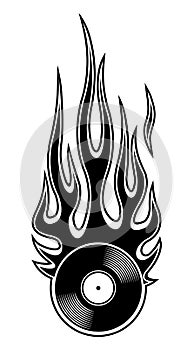 Vector illustration of vintage retro vinyl record icon with flames.