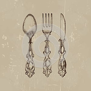 Vector illustration of vintage spoon fork and knife