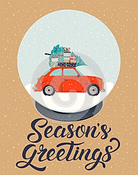 Vector illustration vintage style for Christmas. The postcard with retro car, tree, presents, snowflakes in glass