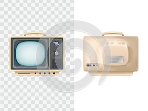 Vector illustration of vintage tv set. Front, rear view. Television device. Retro electric video display, isolated object