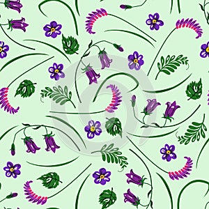 Vector illustration of violet flowers pattern on green backgroun