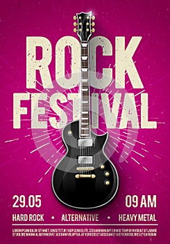 Vector illustration violet rock festival concert party flyer or vintage poster design template with guitar