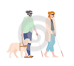 Vector illustration of visually impaired guy and girl with guide dog isolated on white background