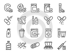 Vitamin and dietary supplement icon set. Included the icons as vitamin c, fish oil, whey protein, tablet, pills, medication, medic