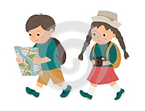 Vector illustration of a walking boy, looking into a map and a girl with camera. travelling children with backpacks. Scouts,