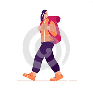 Vector illustration of a walking woman traveler hiker with backpack