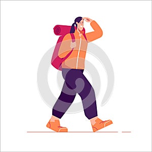 Vector illustration of a walking woman traveler hiker with backpack looking far away