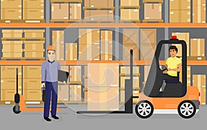 Vector illustration of warehousing, goods and boxes on shelves in the warehouse and team of workers, transport and