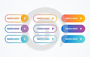 Vector illustration watch now colorful button set on white background. Flat line gradient button collection. web element