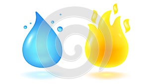 Vector illustration of water drop and fire flame in 3D style. Vector icon of rain drop and fire