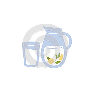 Vector illustration water jug with lemon and leaves of mint and glass of water isolated on a white background.