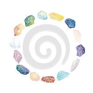 Vector illustration of watercolor crystal with blank space for text on white background.Crystal round border frame for lettering.A