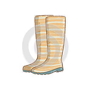 Vector illustration of waterproof rubber boot isolated on white background. Green rain boot in flat style. Gumboots for rainy