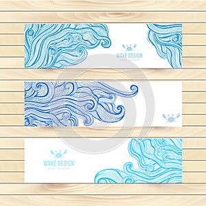 Vector illustration, wave banners with ocean waves can be used as a greeting card. Banners on wood background.