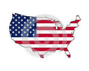 Vector illustration of waving American Flag on dark background. United States Flag with silhouette map of USA