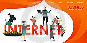 Vector illustration or web page with orange and yellow. a group of people who are communicating using internet technology around t