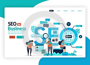 Vector illustration website for marketing optimization with SEO. online advertising with keywords in search engines for target