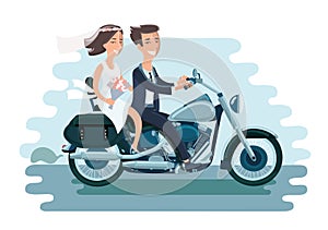 Vector illustration of wedding young couple riding the motorcycle on white isolated background