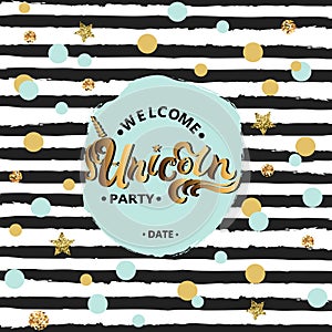 Vector illustration Welcome Unicorn Party text, blue