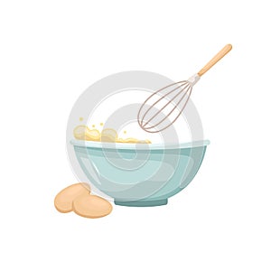 Vector illustration of a whisk with a deep bowl in which eggs are beaten