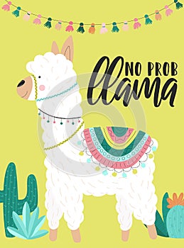 Vector illustration of a white alpaca in clothes with national South American motives, decorations and cacti with an inscription N