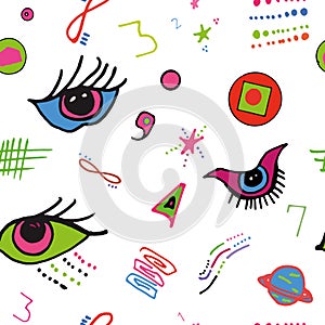 Vector illustration on a white background with a liner of space elements, eyes