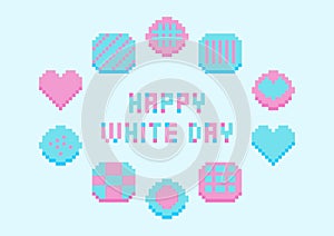 Vector illustration for White Day. Pixel art of sweets and letters