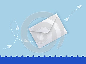 Vector illustration of white envelope with direction indicated by paper planes and points. Mail delivery concept