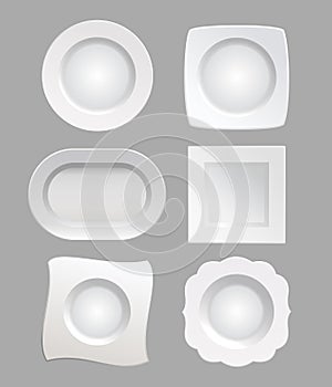 Vector illustration white plates set on grey color background in realistic style.