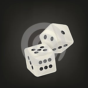 Vector illustration of white realistic game dice icon in flight closeup on black background. Casino gambling design