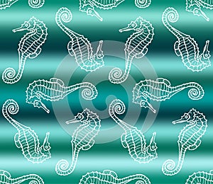 Vector illustration of white seahorse on green gradient sea wave background. Seamless pattern with sea dragon