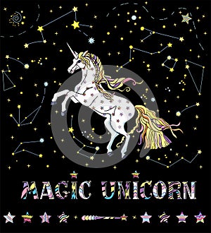 Vector illustration of white unicorn reared up on the background of galaxy with colorful lettering