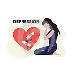 Vector illustration of white woman crying around broken heart with crack and patch.