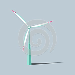 Vector illustration. Wind turbines with changing angle rotation. Symbol of ecological power. Windmills with shadow