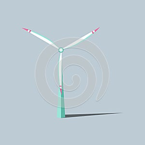 Vector illustration. Wind turbines with changing angle rotation. Windmills with shadow. Symbol of ecological power