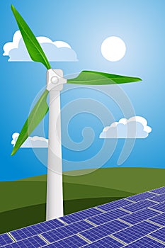 Vector illustration of a windmill and solar panels for alternative energy