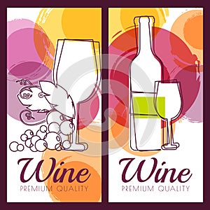 Vector illustration of wine bottle, glass, branch of grape and c