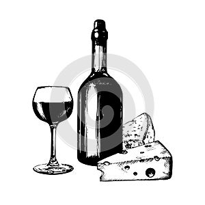 Vector illustration of wine bottle, glass and cheese. Hand sketched food and drink set. Menu design for cafe, bar etc.