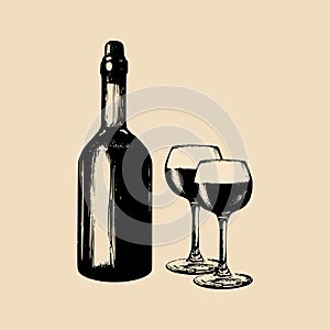 Vector illustration of wine bottle and glasses. Hand drawn sketch of vinemaking elements for cafe, bar, restaurant menu.