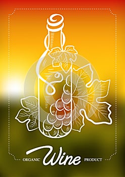 Vector illustration of wine bottle and vine grape. Concept for organic products, harvest, healthy food, wine list, menu.