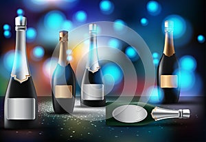 Vector illustration of Wineglass with black wine bottles of champagne in a bucket