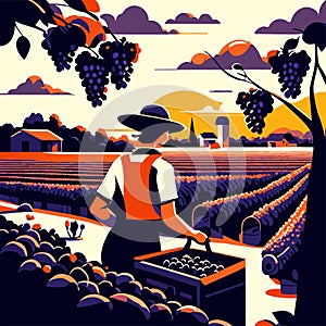 Vector illustration of a winemaker working in a vineyard, harvesting grapes Generative AI