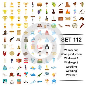 Vector illustration of winner, cup, wine, production, wild west wedding weather icon set.