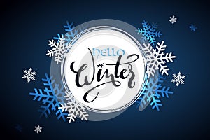 Vector illustration of winter banner template with hand lettering label - hello, winter - with snowflakes