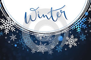 Vector illustration of winter banner template with hand lettering label - winter - with circle of snowflakes