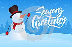 Vector illustration: Winter Christmas card with snowman and hand lettering of Season`s Greetings