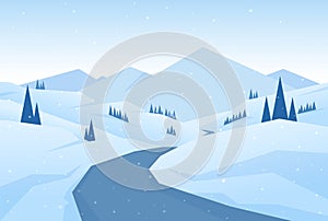 Vector illustration: Winter Christmas snowy Mountains landscape with road, pines and hills