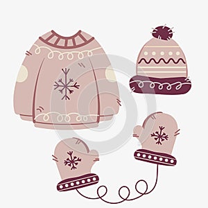 Vector illustration of winter clothes collection. Knitted hat, hand gloves, sweater in Christmas style isolated on white