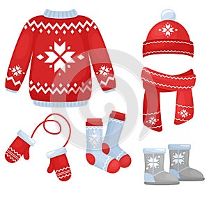 Vector illustration of winter clothes collection. Knitted hat and scarf, socks, hand gloves, sweater in Christmas style